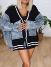 Womens Knitted Sweater Spliced Denim Casual Cardigan