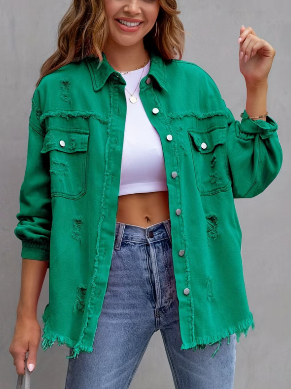 Ladies Lapel Spliced Buckle Casual Denim Jacket