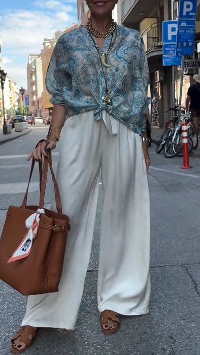 Womens round neck printed top + pants casual suit