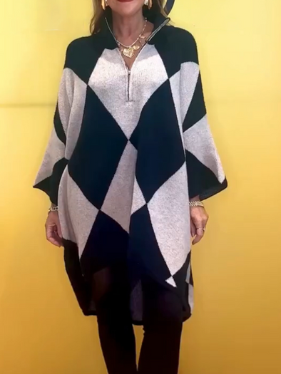 Women Stand Collar Half Zip Plaid Casual Long Top