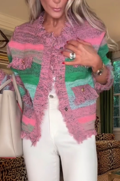 Women Round Neck Multi-color Knitted Casual Cardigan