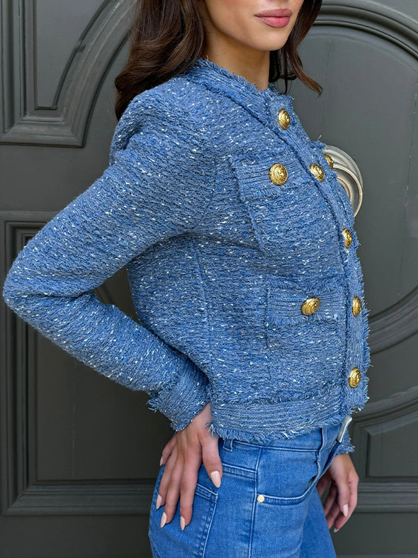 Women Round Neck Breasted Casual Jacket