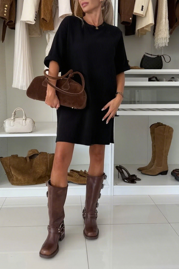 Women Round Neck Solid Color Loose Casual Dress
