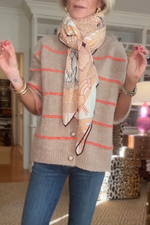 Women Round Neck Breasted Striped Casual Knitted Cardigan