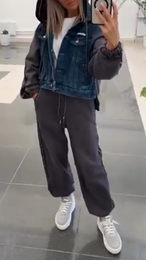 Women Denim Patchwork Hooded Jacket + Pants Casual Suit