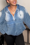 Women Round Neck Hooded Washed Water Spliced Casual Denim Tops