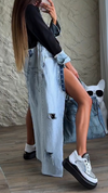 Women Lapel Spliced Denim Slit Casual Long Coat