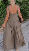 Women Round Neck Spliced Solid Color Casual Dress