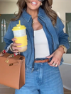 Women Lapel Zipper Washing Casual Denim Jacket