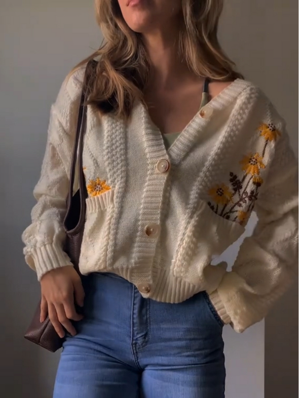 Women V-neck Button-down Printed Casual Sweater Cardigan