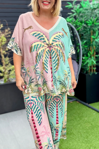 Women V-neck Contrast Print Casual Set