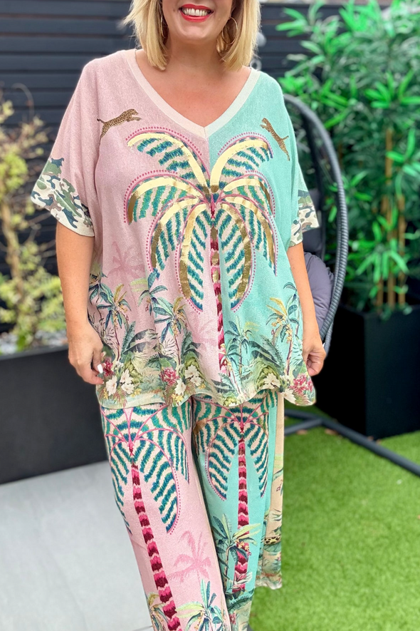 Women V-neck Contrast Print Casual Set