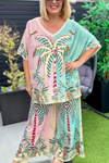 Women V-neck Contrast Print Casual Set
