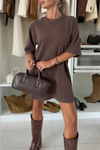 Women Round Neck Solid Color Loose Casual Dress