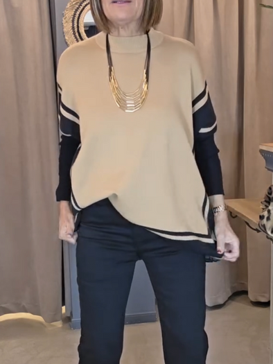 Women Round Neck Striped Contrasting Color Casual Tops