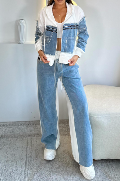 Womens Round Neck Hooded Spliced denim Hot Diamond Casual Set