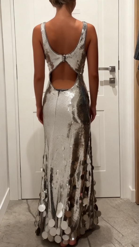 Women Suspender Silver Sequined Tassel Back Hollow Elegant Dress