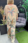 Women V-neck Contrast Print Casual Set