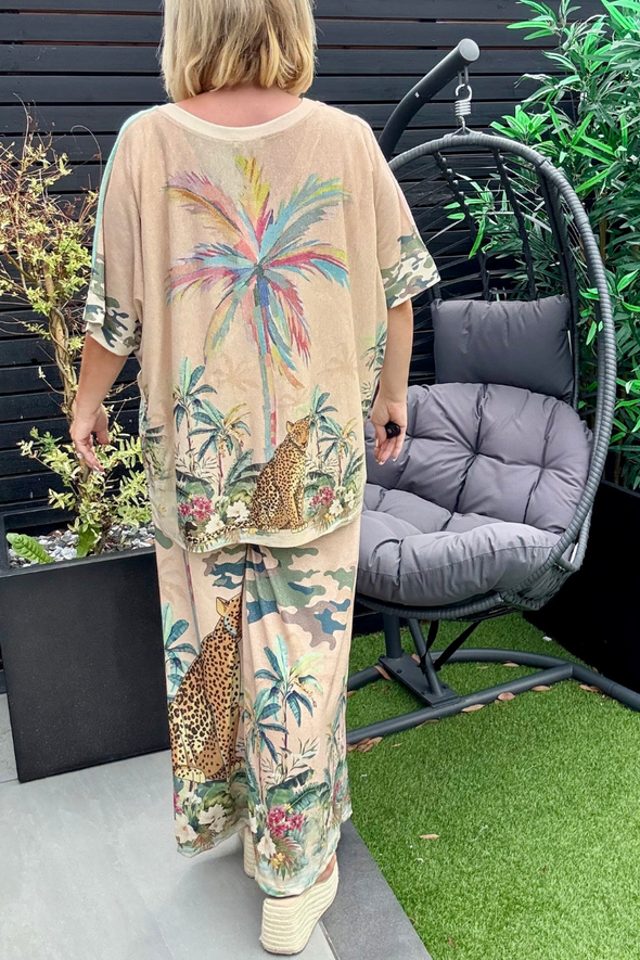 Women V-neck Contrast Print Casual Set