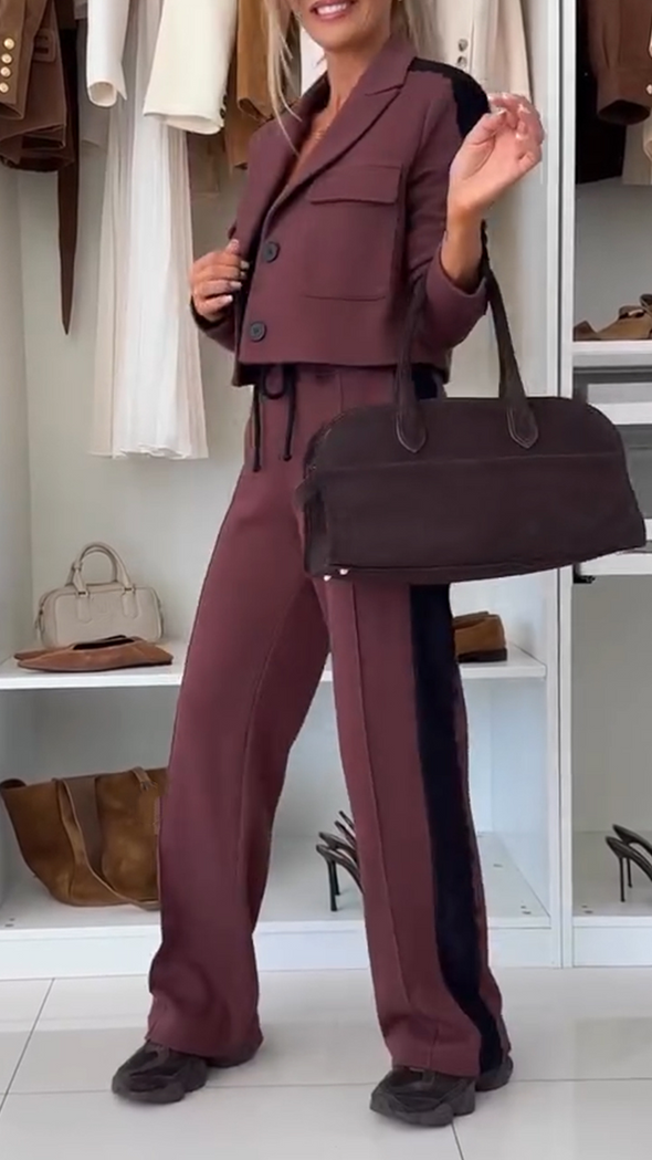 Womens Lapel Splicing Jacket + Pants Casual Suit