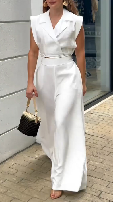 Women Collar Top+ Pants Solid Color Temperament Set