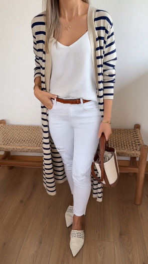 Womens Striped Casual Long Cardigan