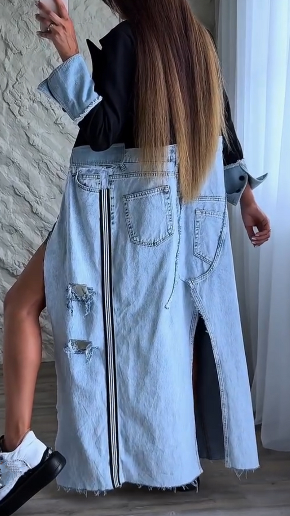 Women Lapel Spliced Denim Slit Casual Long Coat