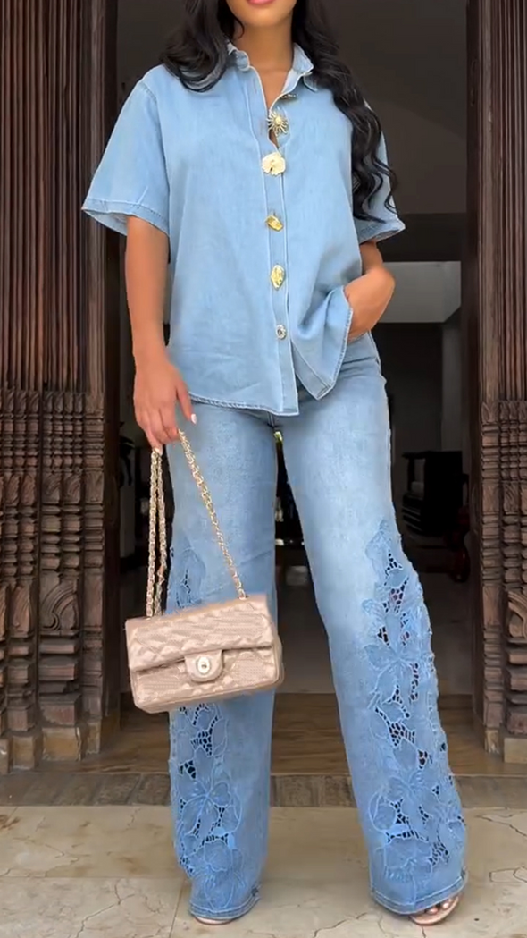 Women lapel breasted top + washing hollow pants casual suit