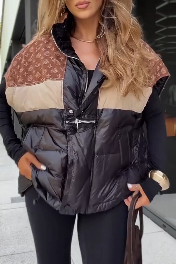 Ladies Lapel Print Patchwork Casual Vest