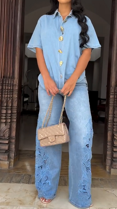 Women lapel breasted top + washing hollow pants casual suit