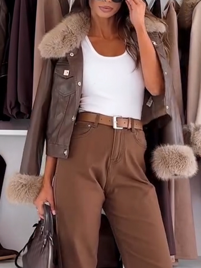 Women Fur Collar Temperament Casual Leather Jacket