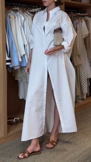 Women Lapel Solid Color Casual Shirt Dress