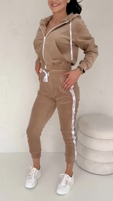 Womens Round Neck Hooded Drawstring Top + Pants Casual Suit