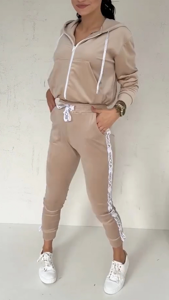 Womens Round Neck Hooded Drawstring Top + Pants Casual Suit