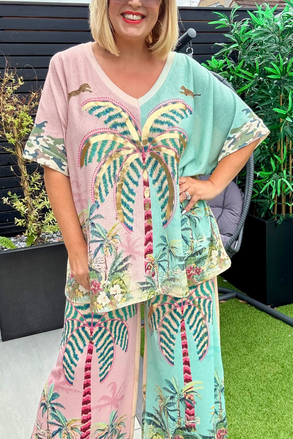 Women V-neck Contrast Print Casual Set