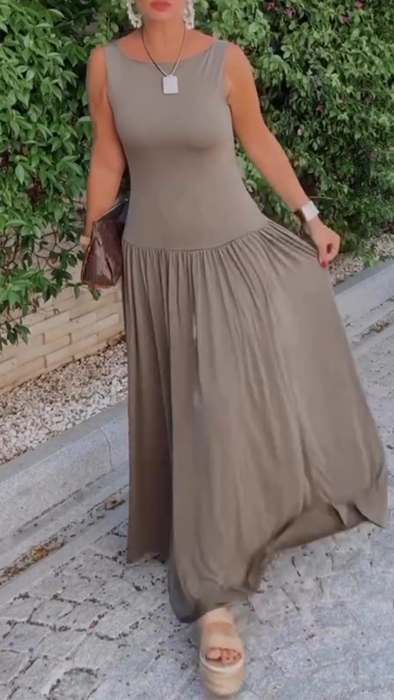 Women Round Neck Spliced Solid Color Casual Dress