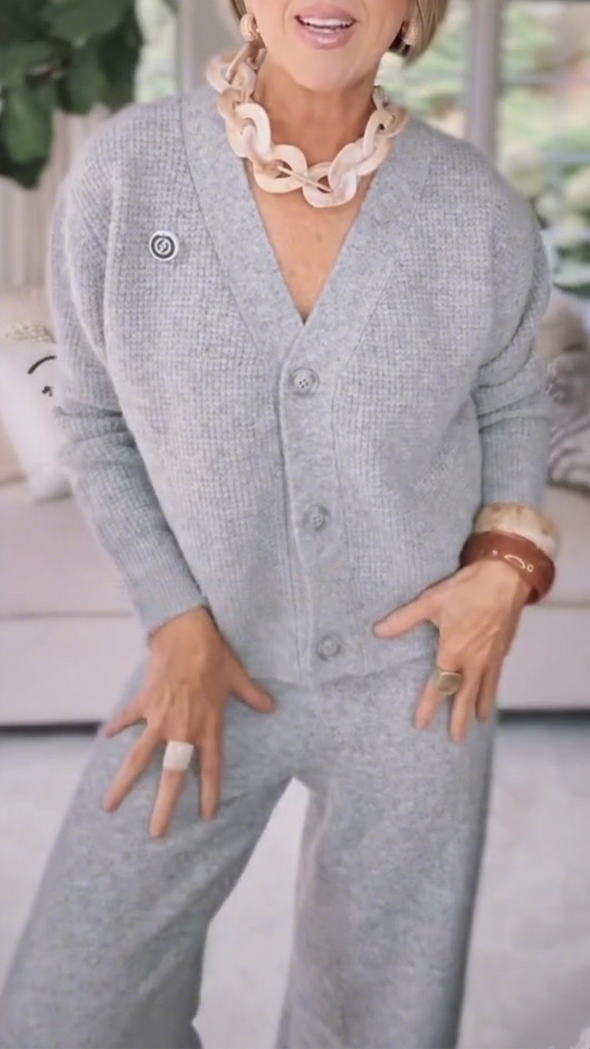 Women V-neck Knit Cardigan + Pants Casual Set