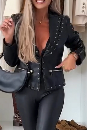 Ladies Collar Splicing Leather Temperament Casual Jacket