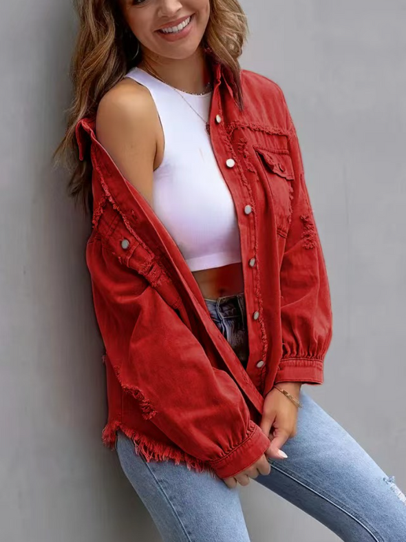 Ladies Lapel Spliced Buckle Casual Denim Jacket
