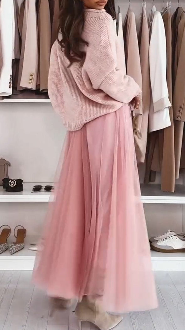 Women's Round Neck Knitted Top + Skirt Set
