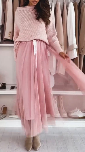 Women's Round Neck Knitted Top + Skirt Set