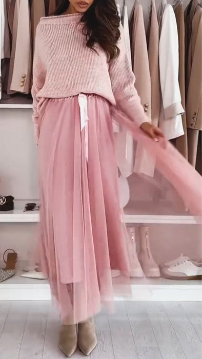 Women's Round Neck Knitted Top + Skirt Set