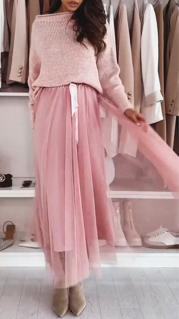 Women's Round Neck Knitted Top + Skirt Set