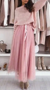 Women's Round Neck Knitted Top + Skirt Set