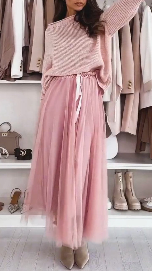 Women's Round Neck Knitted Top + Skirt Set