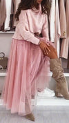 Women's Round Neck Knitted Top + Skirt Set